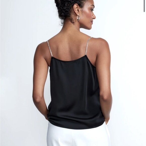 NWT House of Harlow Black Satin Cowl Camisole With Rhinestone Straps - Picture 3 of 13
